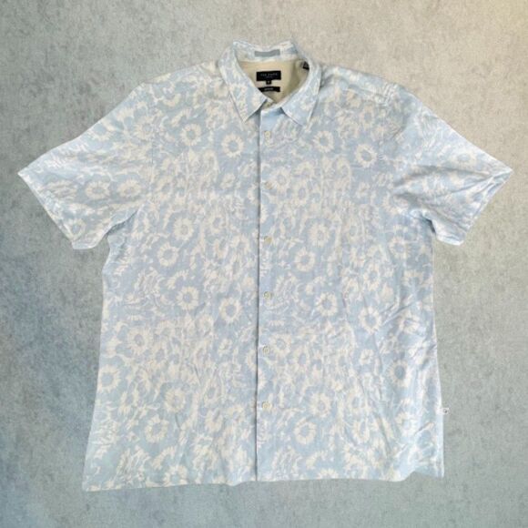 Ted Baker Mens Shirt Blue Floral Short Sleeve Button Down Linen Blend Size 2XL - Picture 1 of 10